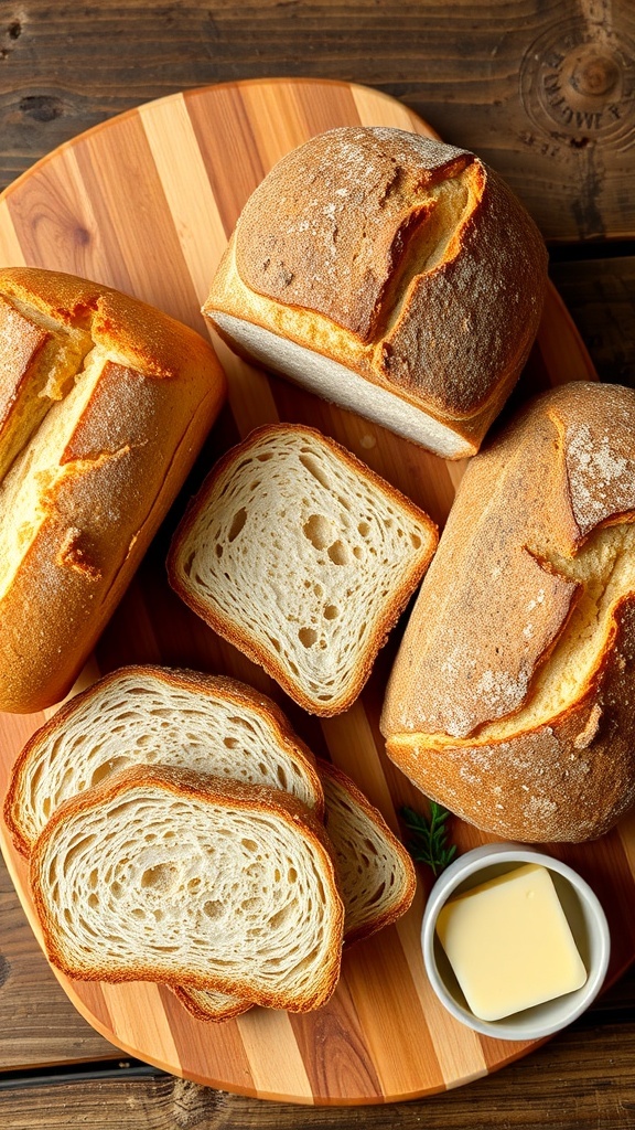 An assortment of homemade sandwich breads including white, whole wheat, and sourdough on a cutting board.